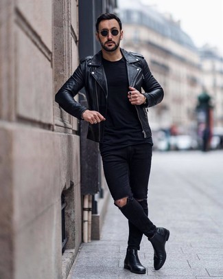Men's Black Leather Chelsea Boots, Black Ripped Skinny Jeans, Black Crew-neck T-shirt, Black Leather Biker Jacket