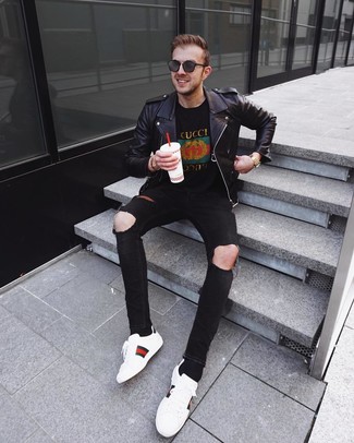White and Black Print Leather Low Top Sneakers Outfits For Men: 