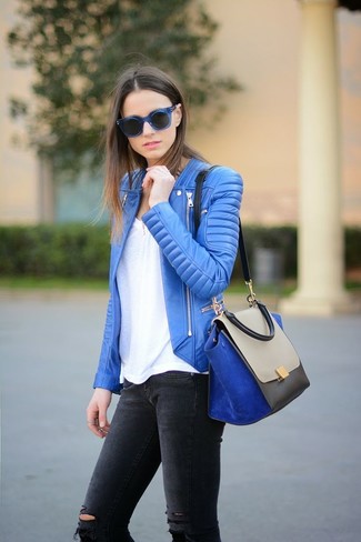 Women's Blue Suede Satchel Bag, Charcoal Ripped Skinny Jeans, White Crew-neck T-shirt, Blue Leather Biker Jacket