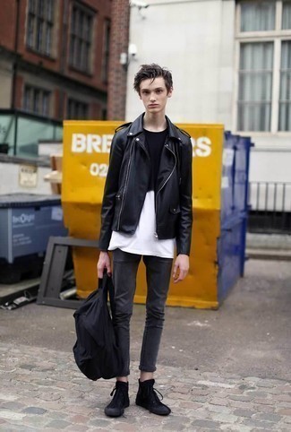 Black and White Crew-neck T-shirt Outfits For Men In Their Teens: 