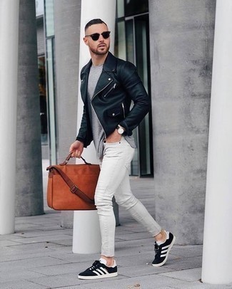 Men's Black and White Canvas Low Top Sneakers, White Skinny Jeans, Grey Crew-neck T-shirt, Black Leather Biker Jacket