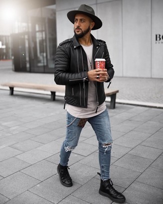 Men's Black Leather High Top Sneakers, Blue Ripped Skinny Jeans, Beige Crew-neck T-shirt, Black Quilted Leather Biker Jacket