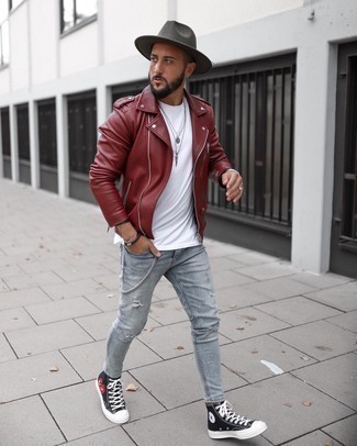 Red Leather Biker Jacket Relaxed Outfits For Men: 