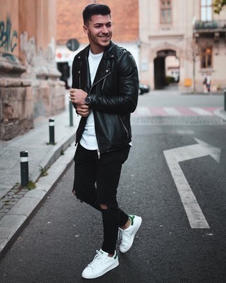 Men's White and Green Leather Low Top Sneakers, Black Ripped Skinny Jeans, White Crew-neck T-shirt, Black Leather Biker Jacket