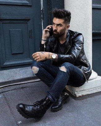 Black Leather Brogue Boots Relaxed Outfits: 