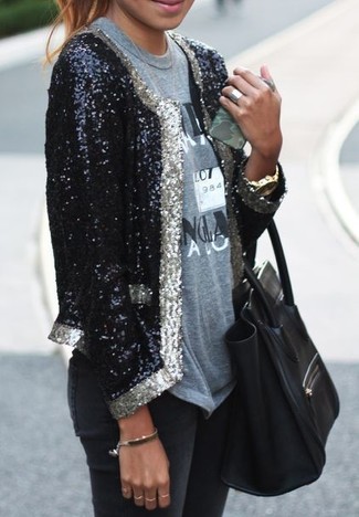 Black and White Sequin Blazer Fall Outfits For Women: 