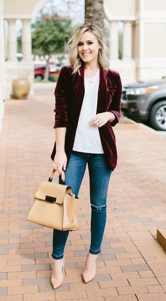 Burgundy Velvet Blazer Outfits For Women: 