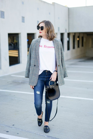 Women's Black Leather Loafers, Blue Ripped Skinny Jeans, White Print Crew-neck T-shirt, Grey Plaid Blazer