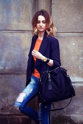 Women's Black Canvas Tote Bag, Blue Ripped Skinny Jeans, Orange Crew-neck T-shirt, Navy Blazer