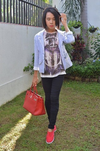 Charcoal Print Crew-neck T-shirt Outfits For Women: 
