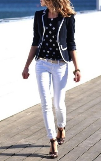 Black and White Polka Dot Crew-neck T-shirt Outfits For Women: 