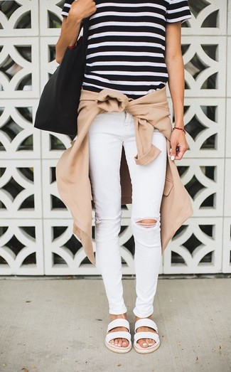 Black and White Horizontal Striped Crew-neck T-shirt Outfits For Women: 