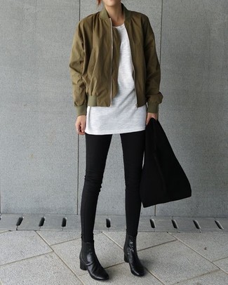 Women's Black Leather Chelsea Boots, Black Skinny Jeans, White Crew-neck T-shirt, Olive Bomber Jacket