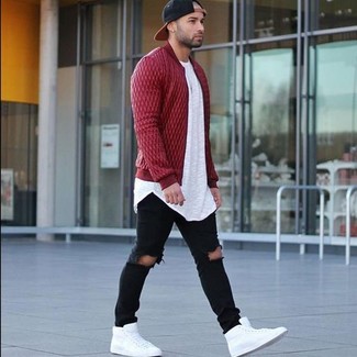 Burgundy Quilted Bomber Jacket Outfits For Men: 