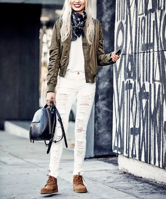 Women's Brown Suede Lace-up Flat Boots, White Ripped Skinny Jeans, White Crew-neck T-shirt, Olive Bomber Jacket