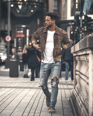 Brown Wool Bomber Jacket Outfits For Men: 