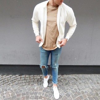 White Low Top Sneakers with Bomber Jacket Outfits For Men: 