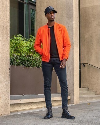 Orange Bomber Jacket Outfits For Men: 