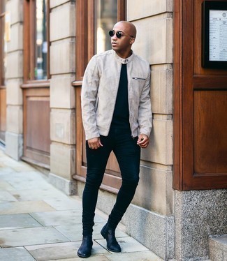 Grey Suede Bomber Jacket Outfits For Men: 