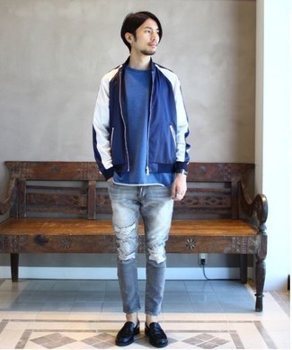 Men's Black Leather Loafers, Grey Ripped Skinny Jeans, Blue Crew-neck T-shirt, Navy and White Bomber Jacket