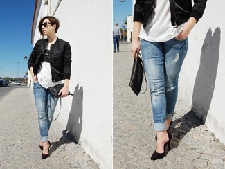 Women's Black Suede Pumps, Light Blue Ripped Skinny Jeans, White and Black Print Crew-neck T-shirt, Black Bomber Jacket