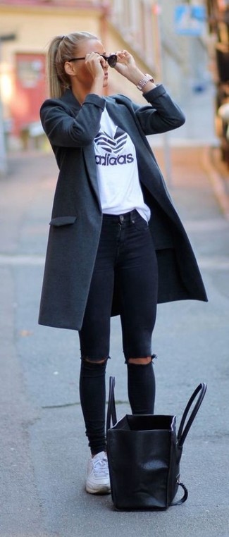 Women's White Low Top Sneakers, Black Ripped Skinny Jeans, White and Black Print Crew-neck T-shirt, Charcoal Coat