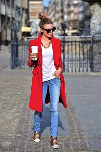 Women's Brown High Top Sneakers, Light Blue Ripped Skinny Jeans, White Crew-neck T-shirt, Red Coat