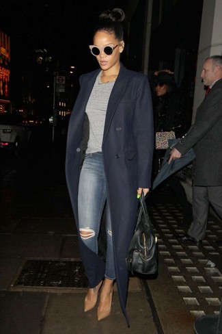 Rihanna wearing Tan Leather Pumps, Grey Ripped Skinny Jeans, Grey Crew-neck T-shirt, Navy Coat