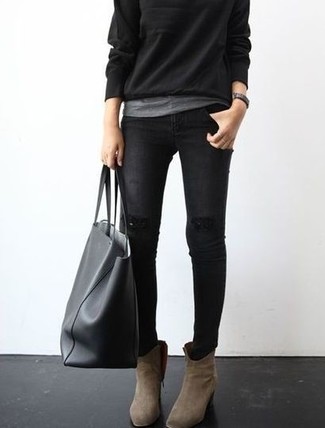 Women's Tan Suede Ankle Boots, Black Skinny Jeans, Grey Crew-neck T-shirt, Black Crew-neck Sweater