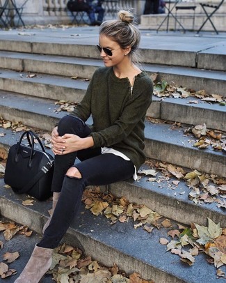 Women's Beige Suede Ankle Boots, Black Ripped Skinny Jeans, White Crew-neck T-shirt, Dark Green Crew-neck Sweater
