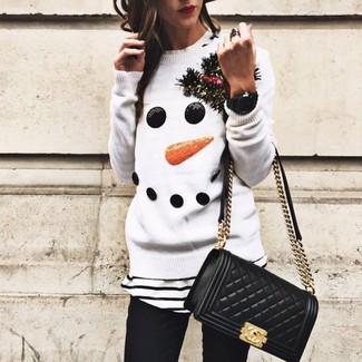 White Christmas Crew-neck Sweater Outfits For Women: 