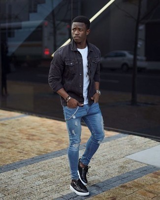 Men's Black Leather Low Top Sneakers, Blue Ripped Skinny Jeans, White Crew-neck T-shirt, Charcoal Denim Jacket