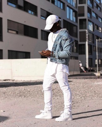 White Leather High Top Sneakers Outfits For Men: 