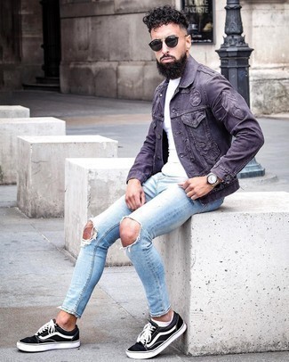 Purple Denim Jacket Outfits For Men: 
