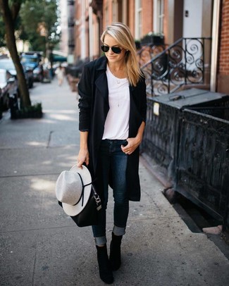 Women's Black Suede Ankle Boots, Navy Skinny Jeans, White Crew-neck T-shirt, Black Duster Coat