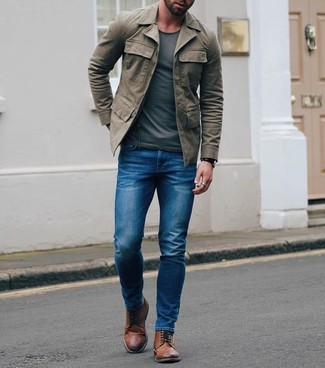 Men's Brown Leather Brogue Boots, Blue Skinny Jeans, Charcoal Crew-neck T-shirt, Olive Field Jacket