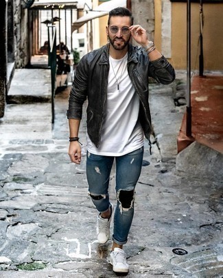 Men's White Leather Low Top Sneakers, Navy Ripped Skinny Jeans, White Crew-neck T-shirt, Black Leather Harrington Jacket