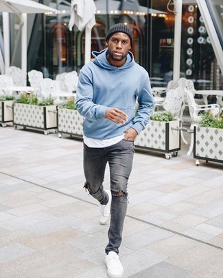Light Blue Hoodie Outfits For Men: 