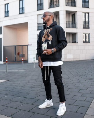 White and Black Canvas High Top Sneakers Outfits For Men: 