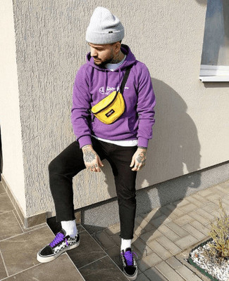 Men's Black and White Check Canvas Low Top Sneakers, Black Skinny Jeans, White Crew-neck T-shirt, Violet Print Hoodie
