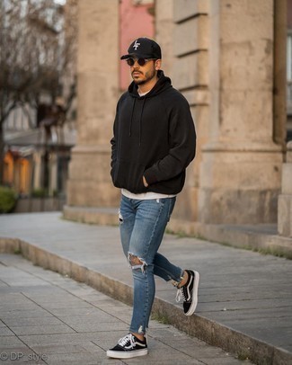 Men's Black and White Canvas Low Top Sneakers, Blue Ripped Skinny Jeans, White Crew-neck T-shirt, Black Hoodie