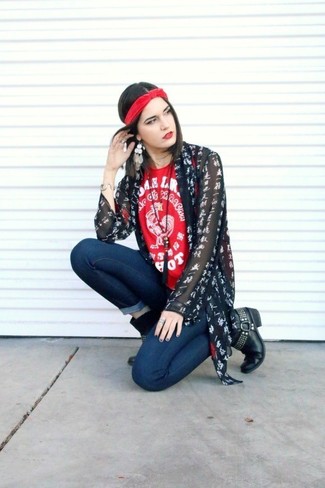 Women's Black Studded Leather Ankle Boots, Navy Skinny Jeans, Red Print Crew-neck T-shirt, Black Kimono