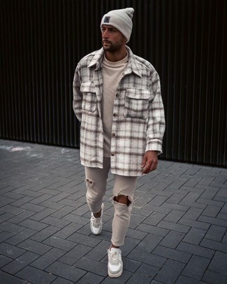 Men's White Leather Low Top Sneakers, Beige Ripped Skinny Jeans, Beige Crew-neck T-shirt, White Plaid Flannel Long Sleeve Shirt