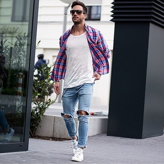 Men's White Low Top Sneakers, Light Blue Ripped Skinny Jeans, White Crew-neck T-shirt, Red and Navy Plaid Long Sleeve Shirt