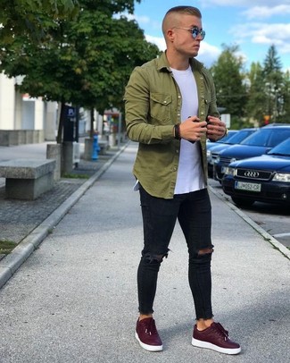 Men's Burgundy Low Top Sneakers, Black Ripped Skinny Jeans, White Crew-neck T-shirt, Olive Long Sleeve Shirt