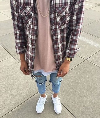 Red Plaid Long Sleeve Shirt Outfits For Men: 