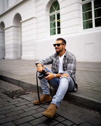 Men's Brown Suede Desert Boots, Light Blue Ripped Skinny Jeans, White Crew-neck T-shirt, Grey Plaid Long Sleeve Shirt