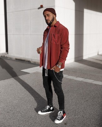Black Print Canvas High Top Sneakers Outfits For Men: 