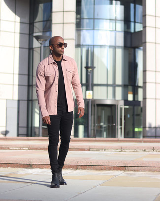 Men's Black Leather Chelsea Boots, Black Ripped Skinny Jeans, Black Crew-neck T-shirt, Pink Long Sleeve Shirt