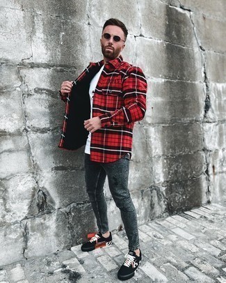Men's Black and White Print Canvas Low Top Sneakers, Charcoal Ripped Skinny Jeans, White and Black Print Crew-neck T-shirt, Red Plaid Flannel Long Sleeve Shirt